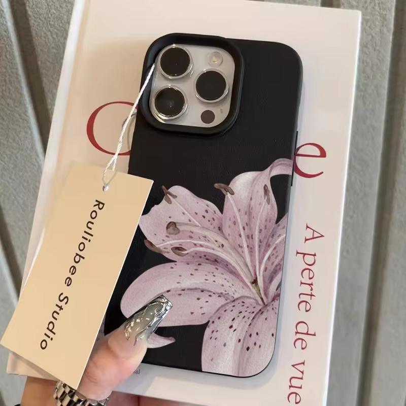 

Purple Lily Flower Pattern Lychee Texture Phone Case For iPhone 17 Pro Max 16 Plus 15 Pro 14 13 12 11 XS XR 17Air Soft Cover iPhone X