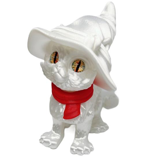 3D Printed Articulated Cat Wizard Hat Cat Ornament Wearing Red Scarf Big Eyes Cat Fidget Toy with Flexible Joints for Stress Relief Desktop Decoration