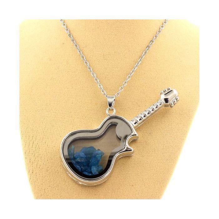 Necklace - Stones and Minerals - Neon Blue Apatite - Guitar Pendant - Stainless Steel - Unisex