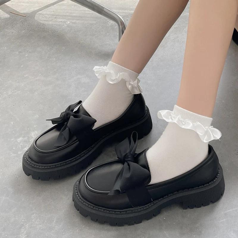 Fashion Retro Bow Knot Decor Loafers for Women New Style Round Toe Med Heel Pumps Woman Soft Bottom Thick Sole Pu Leather Shoes Mujer