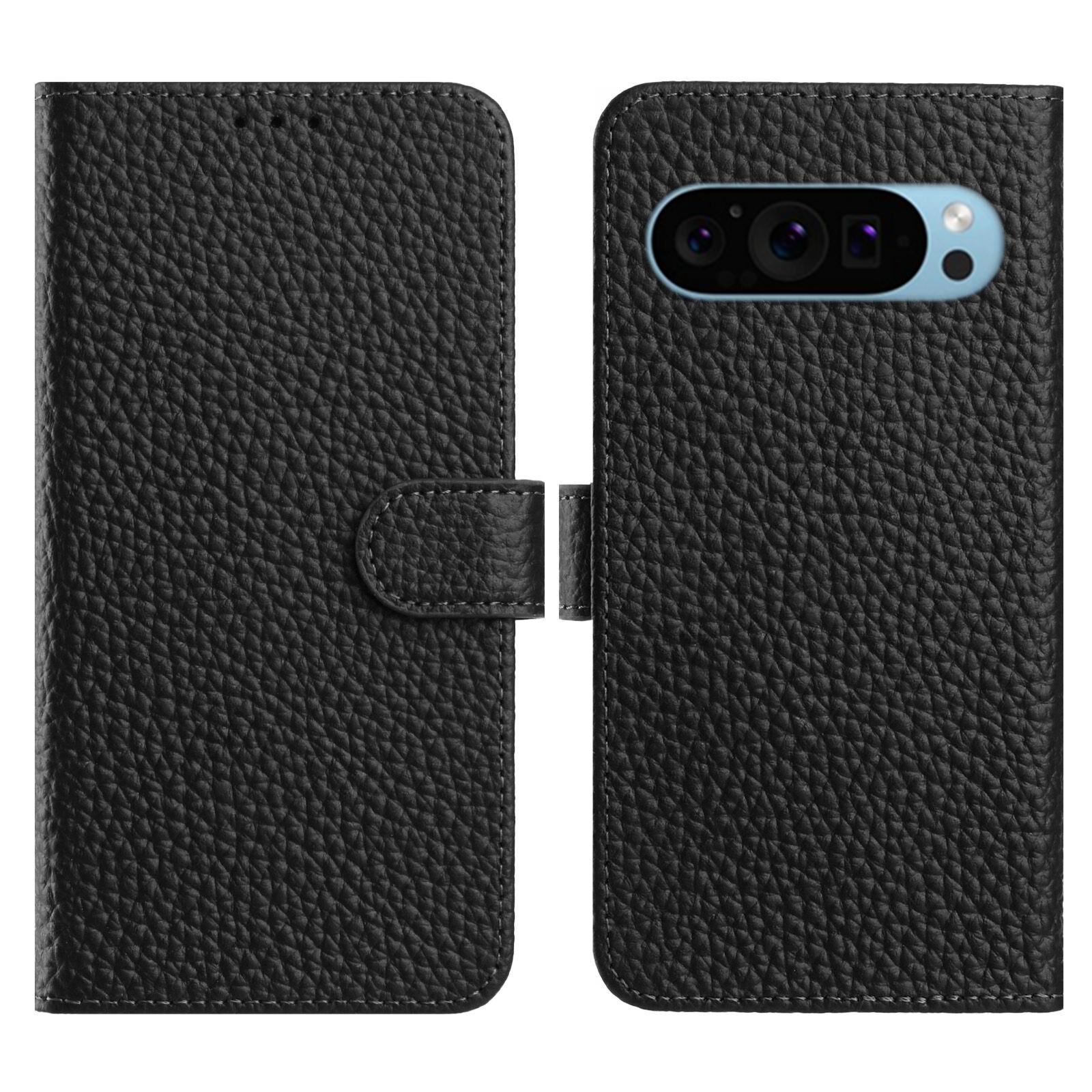 

Flip Phone Case For Google Pixel 10 Pro/10/9 Pro/9 Wallet Stand Litchi Texture Genuine Cow Leather Cover Black