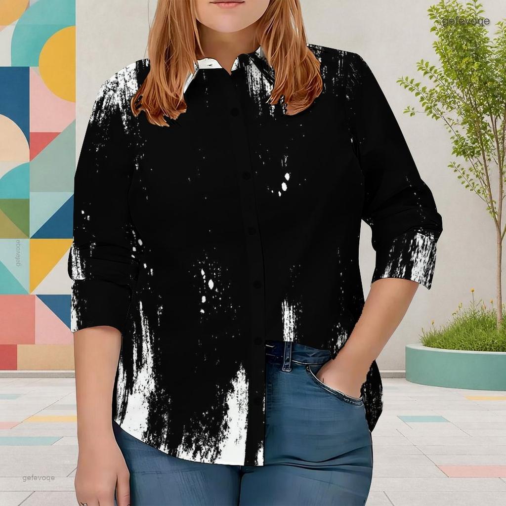 Women Plus Size Collared Long Sleeve Abstract Geometric Printed Button Front Shirt