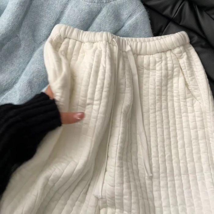 White Quilted Vertical Stripe Wide-Leg Drawstring Pants