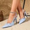 Fashion Fashion Blue Pointed Toe Thin Heel Sandals Women Elegant Cross Tied Buckle Slide Sandals Summer Comfortable Banquet Dress Pumps