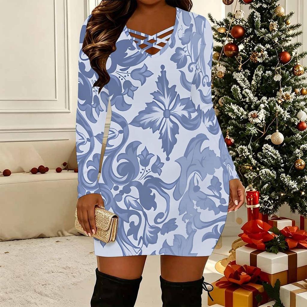 Women Plus Size Long Sleeve V Neck Crisscross Hollow Bodycon Mini Evening Club Outfit Dress