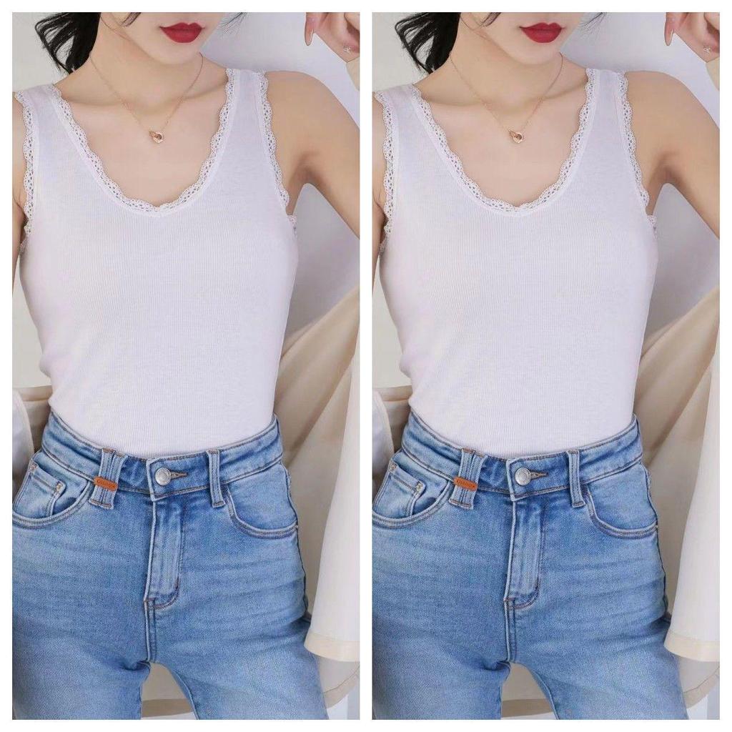 Modal Cotton V-Neck Lace Trim Ribbed Tank Top - Slim-Fit Versatile Camisole for Spring/Summer