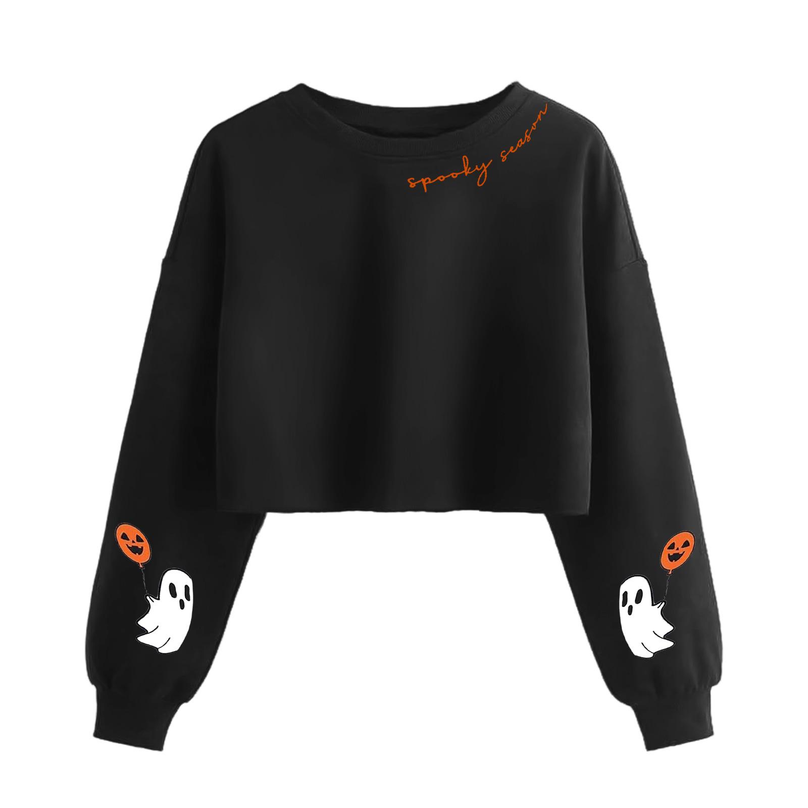 

Женский модный пуловер с длинными рукавами и жутким принтом на Хэллоуин, открывающий живот L чёрный