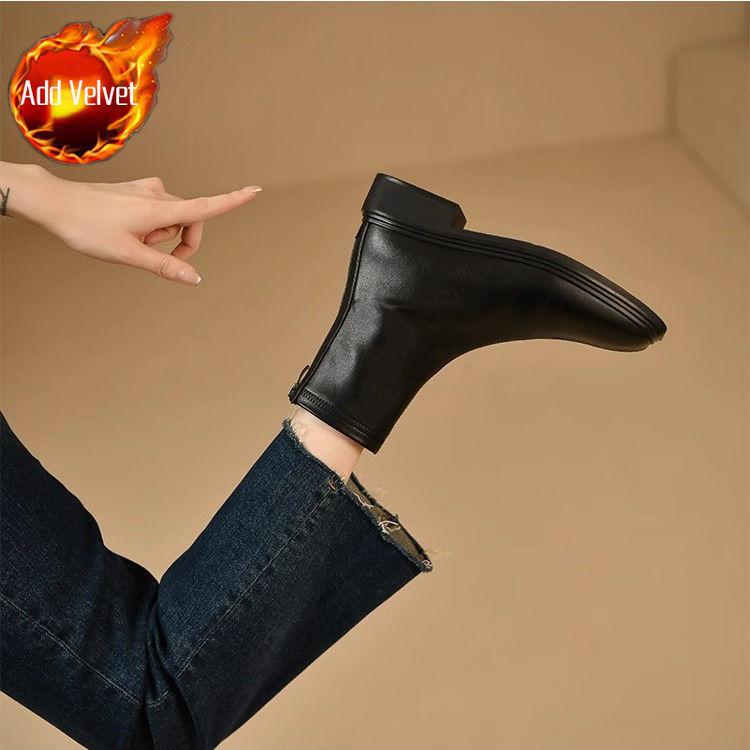 Square Toe Elastic Women'S Ankle Boots Autumn Winter Fleece-Lined Female Short Shoes Leather Booties Sale Goth Trend Boot