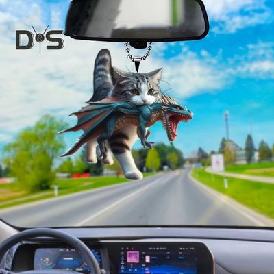 Cat Car Pendant Realistic Animal Cat Dinosaur Shaped Rearview Mirror Hanging Ornament 2D Acrylic Keychain Backpack Charm Car Interior Accessories