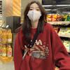 Round Neck Long Sleeve Pullover Sweatshirt Loose Fit Commuter Cotton Hoodie Cartoon Sticker Print Plus Size Autumn Winter Thick Warm Ladies Casual Top