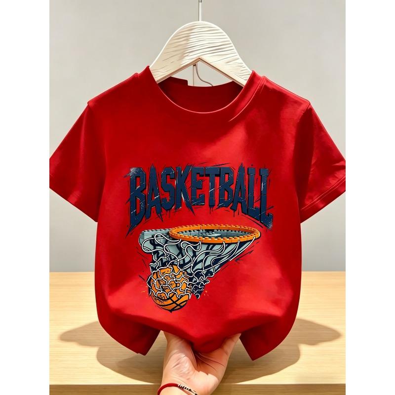 Kids Crewneck Short Sleeve T-Shirt, Ink Splatter Building Block Basketball Hoop Print