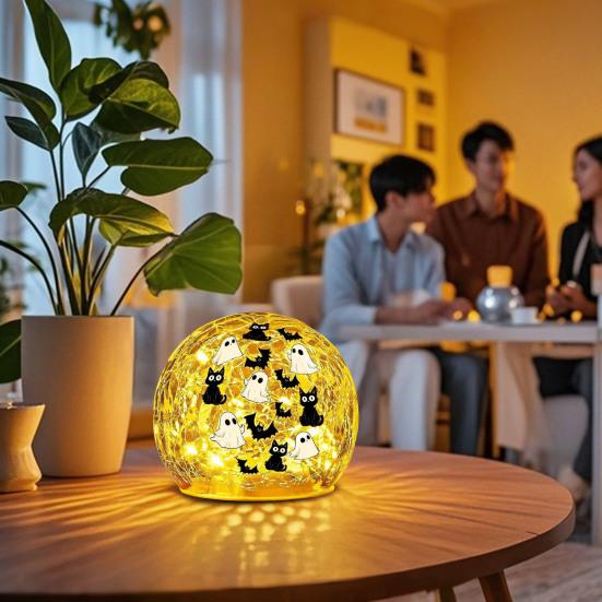 Crackle LED Glass Ball Lamp Halloween Ghost Bat Cat Cracked Ball Light with Warm Light for Halloween Walkway Path Garden Tabletop Decor