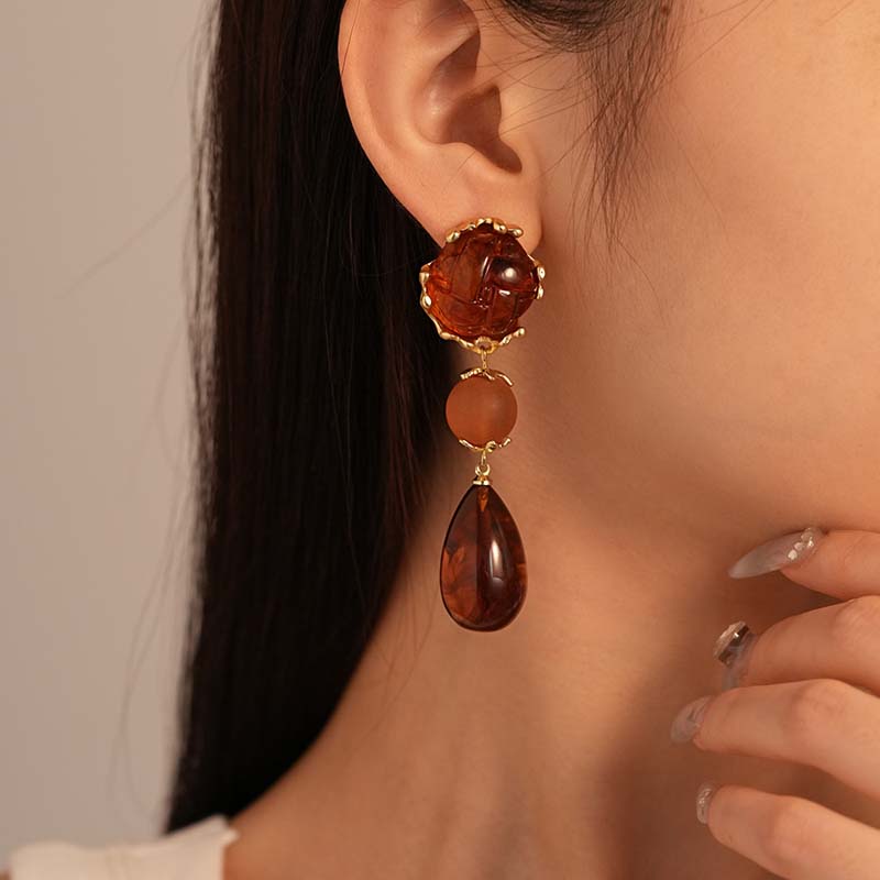 Vintage Brown Acrylic Water Drop Earrings For Women Girls Fashion Metal Round Geometric Dangle Earrings Wedding Jewlery Gifts