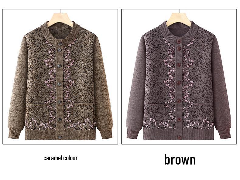 Round Neck Knitted Cardigan for Middle-Aged and Elderly Women - Grandma Style Sweater for Spring and Autumn