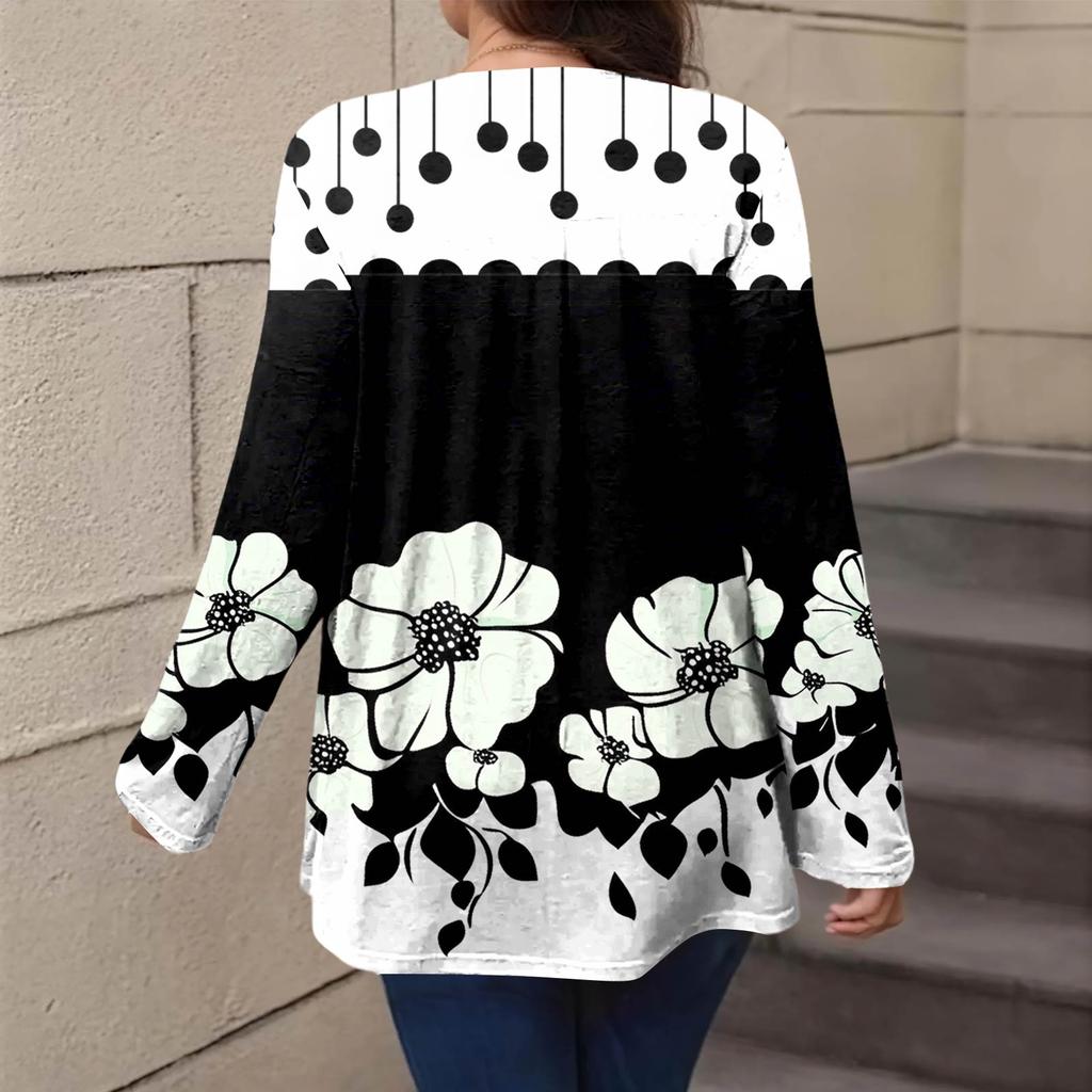 Top casual plisat cu mânecă lungă și gât rotund, cu imprimeu, pentru femei plinuțe