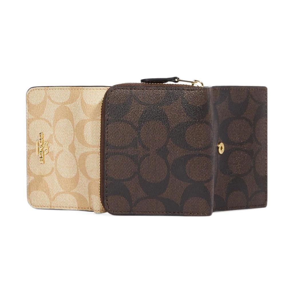 Coach Trifold Wallet With Snap Closure, Exterior Zipper Coin Pocket, Double Card Slots, Coated Canvas And Smooth Leather Details 78081-IMUOH