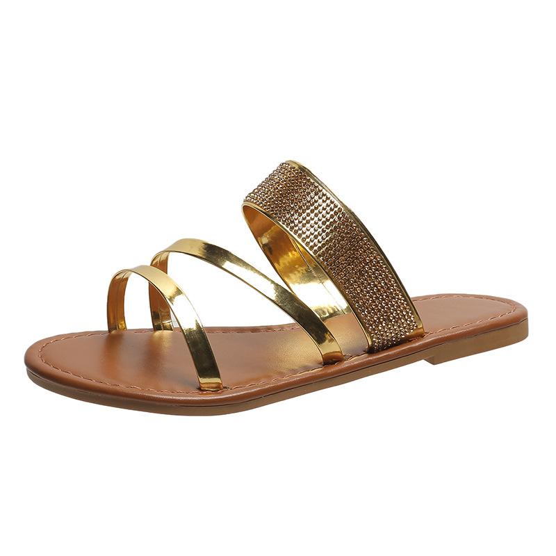 

Ey large size flat-bottomed rhinestone one-word cool slippers women s beach cool slippers women s slipprs 42 золотой