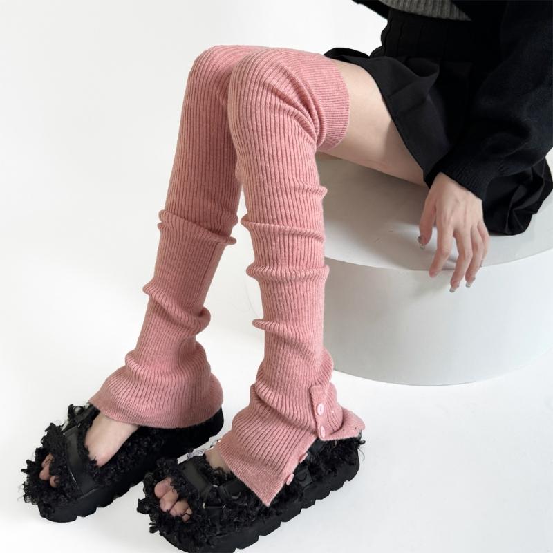 Japanese Ballet Styles Thigh High Leg Warmer Ribbed Knitted Split Buttons Over Knee Footless Socks for Fashionable Women