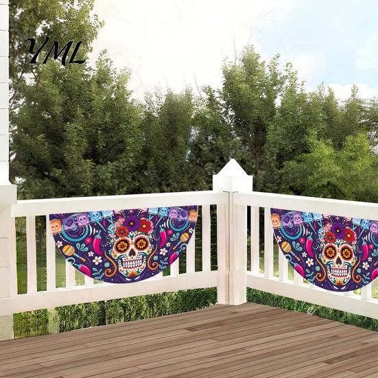 Durable Polyester Bunting Day of The Dead Skull Banner, Marigold Print Fiesta Decorative Wall Hanging Flag, Colorful Sugar Outdoor Yard Party
