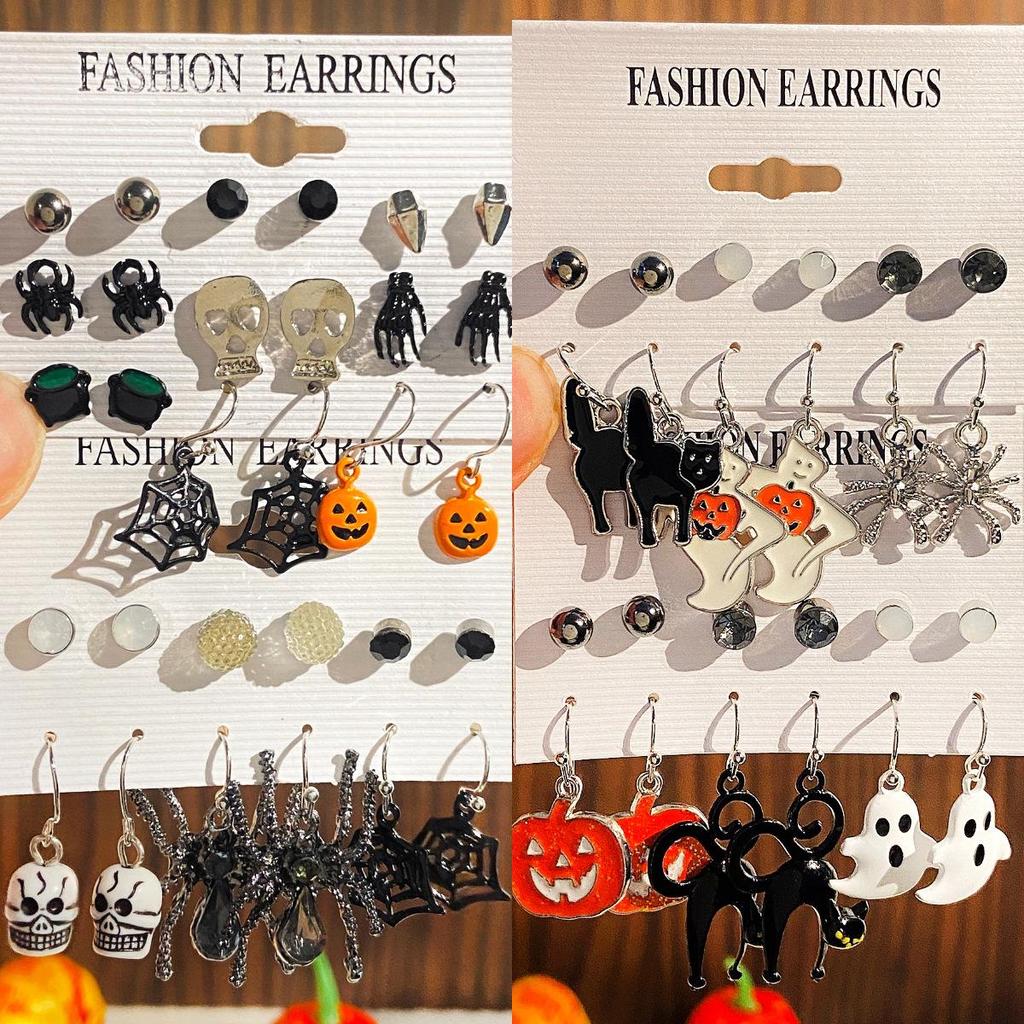 Cross-Border Halloween Earrings Set: Ghost, Pumpkin, Witch, Skeleton, Spider, Black Cat, Bat, Spider Web Ear Studs