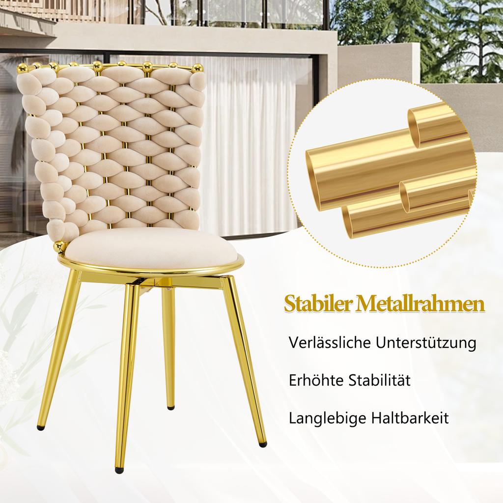 Set of 2 Decorative Dining Chairs Made of Velvet Fabric, with Gold-Colored Metal Legs, Upholstered Seats and Backrests Made of Braided Rope