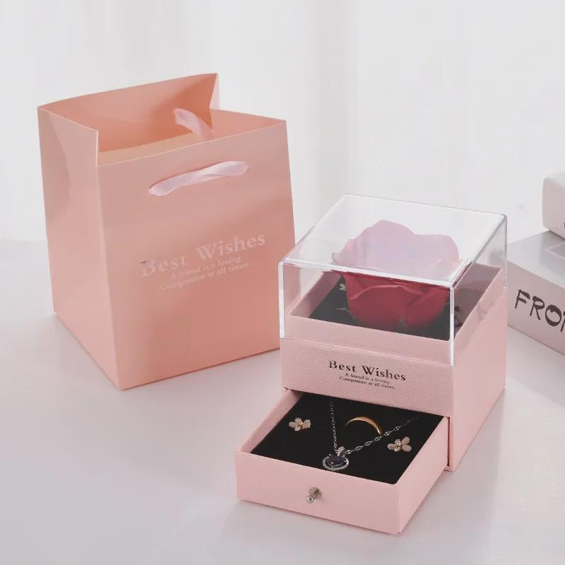 520 Valentine's Acrylic Rose Jewelry Gift Box: Eternal Flower, Lipstick, Perfume Packaging