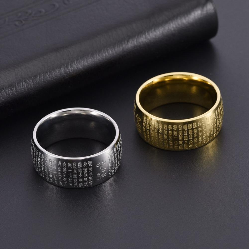 Mens Heart Sutra Ring Stainless Steel Buddhist Inscription Chinese Zen Style Wide Band 18K Gold Jewelry
