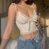 Women Simple Lace Flower Pit Strip Drawstring V-neck Suspender Vest Short Top