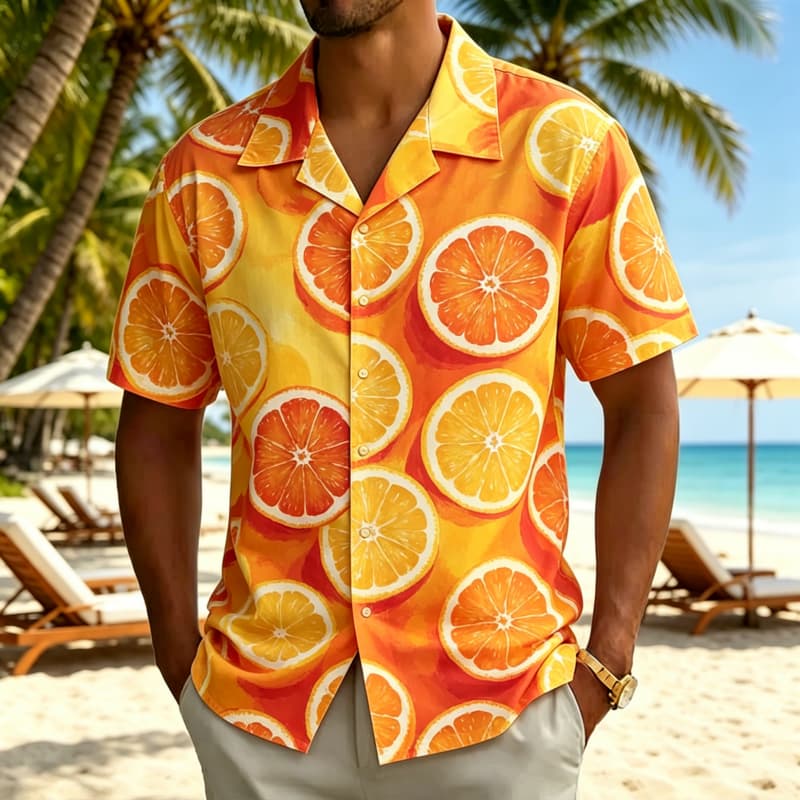 Herren Hawaiihemd mit erfrischendem und buntem Frischfrucht-Print, für Sommerreisen, Freizeit und Streetwear