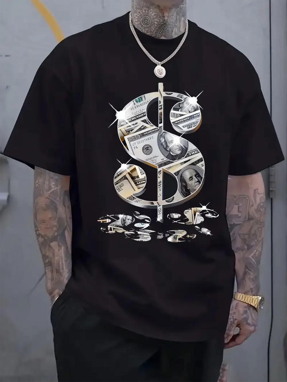Casual Crew Neck T-shirt with Dollar Sign Print - Short Sleeve XXXL