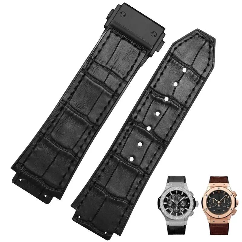 26X19mm Real Cow Leather Rubber Watchband for HUBLOT Classic Fusion Universe Big Bang Series Men belt Watch band butterfly Buckl