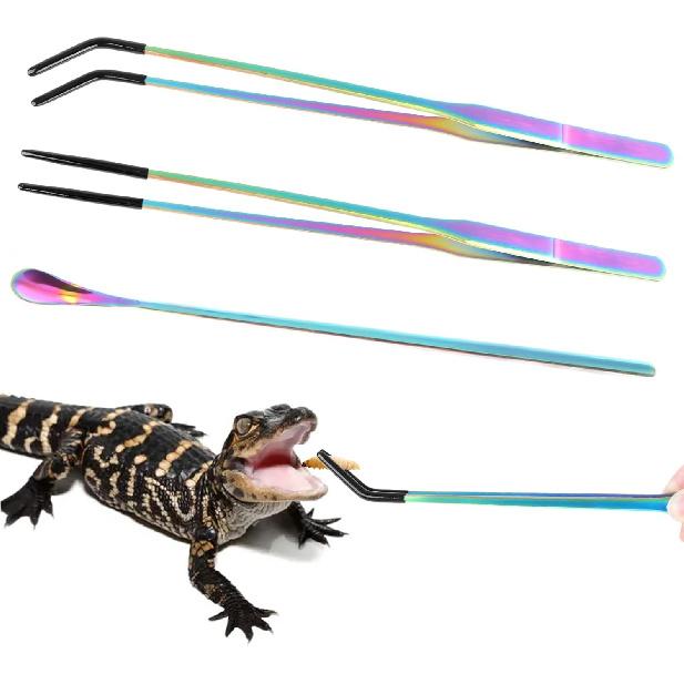 3PCS Stainless Steel Reptile Feeding Tongs, Reptile Tweezers Set with 10.6  Straight & Curved Rubber Tips, Feeding Tongs for Reptiles and Feeding