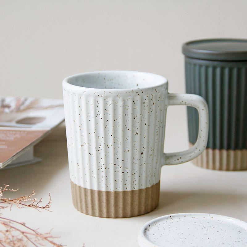 Japanese-style vertical pattern mug with lid ceramic cup simple ins style white sesame glaze coarse pottery coffee cup