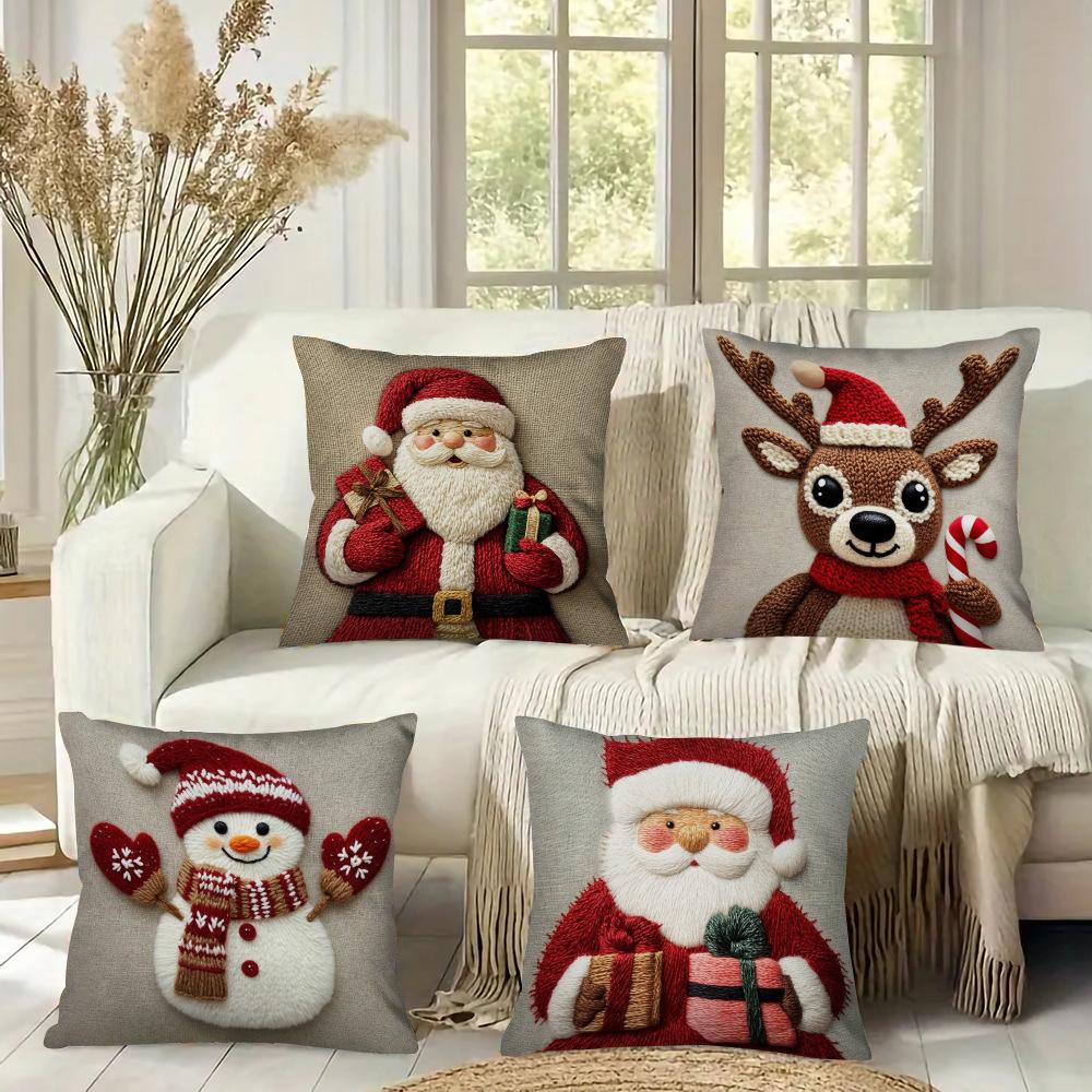 Christmas Pillowcase, Cute Cartoon Imitation Embroidery Linen Print Sofa Pillow Cover, Festival Decoration, Festival Gift (Pillow Insert Not Included)