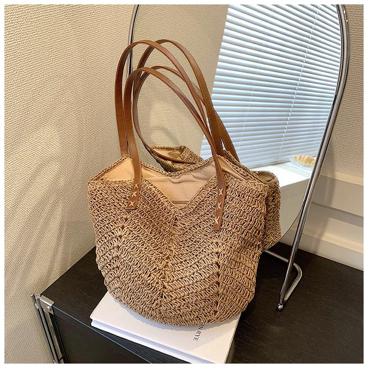 

Соломенная сумка Женская Новая Летняя Пляжная Плетеная Сумка Большой Вместимости На Плечо Сумка-Тоут Плетеная Соломенная Сумка-Тоут для Женщин хаки