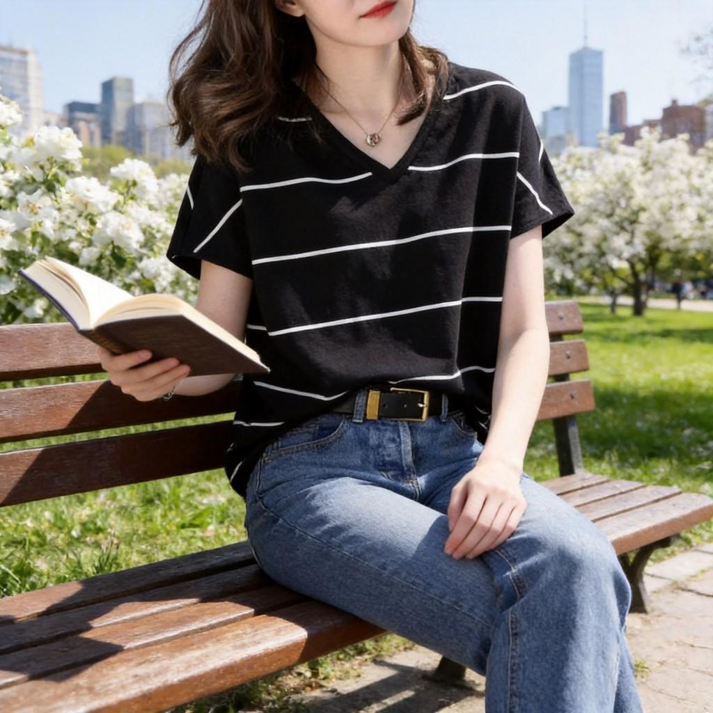 Korean T Shirt With Stripes And V Neck For Summer Casual Wear
