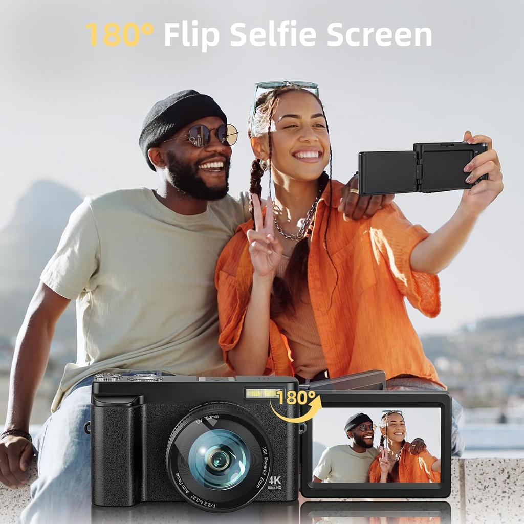 Upgrade 4K Digital Camera for Photography 48MP with 3'' 180° Flip Screen 16X Zoom Autofocus Vlogging Camera for YouTube, Compact Point and Shoot