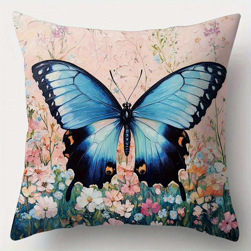 Watercolor Butterfly & Floral Throw Pillow Covers, Vibrant Rainbow Pink Blue Butterfly Print Cushion Cases, Garden Home Decor