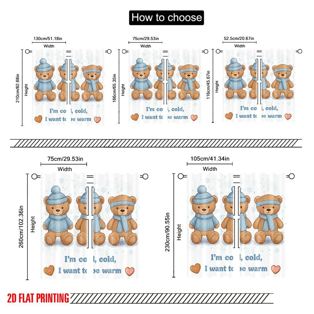 2pcs 2D flat printing Curtains Winter Teddy Bears Cozy Warm Polyester Without Electricity Festive Holiday Perfect for room decor