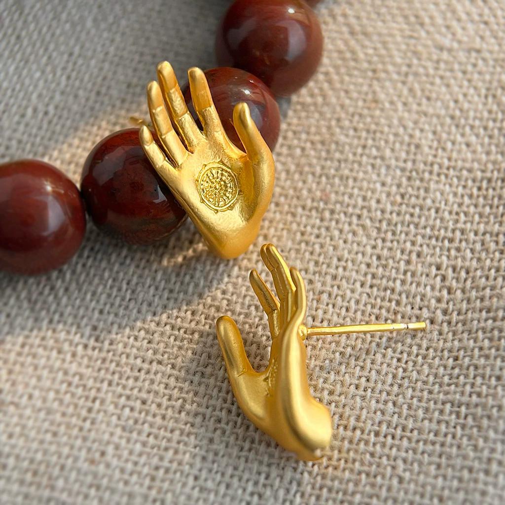 

Good Lucky Buddha s Palm Hand Stud Piercing Earrings For Men Women Fashion New Jewelry Accessories Couple Gift Party