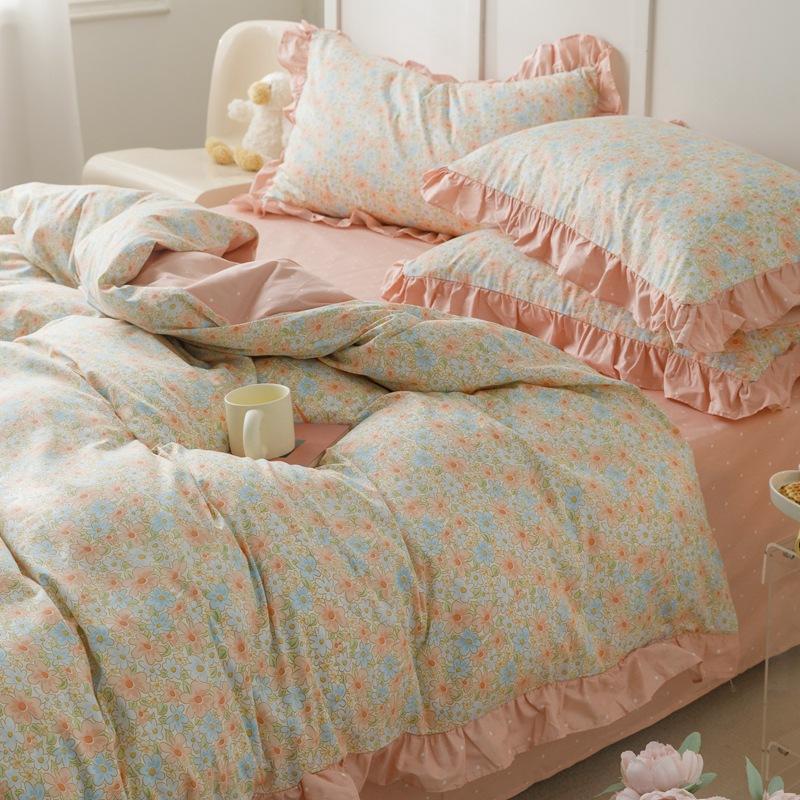 Księżniczka styl kwiatowy czysta bawełna mały świeży czteroczęściowy zestaw koronkowy prześcieradło poszwa na kołdrę prześcieradło z gumką łóżko trzyczęściowa poszwa na kołdrę