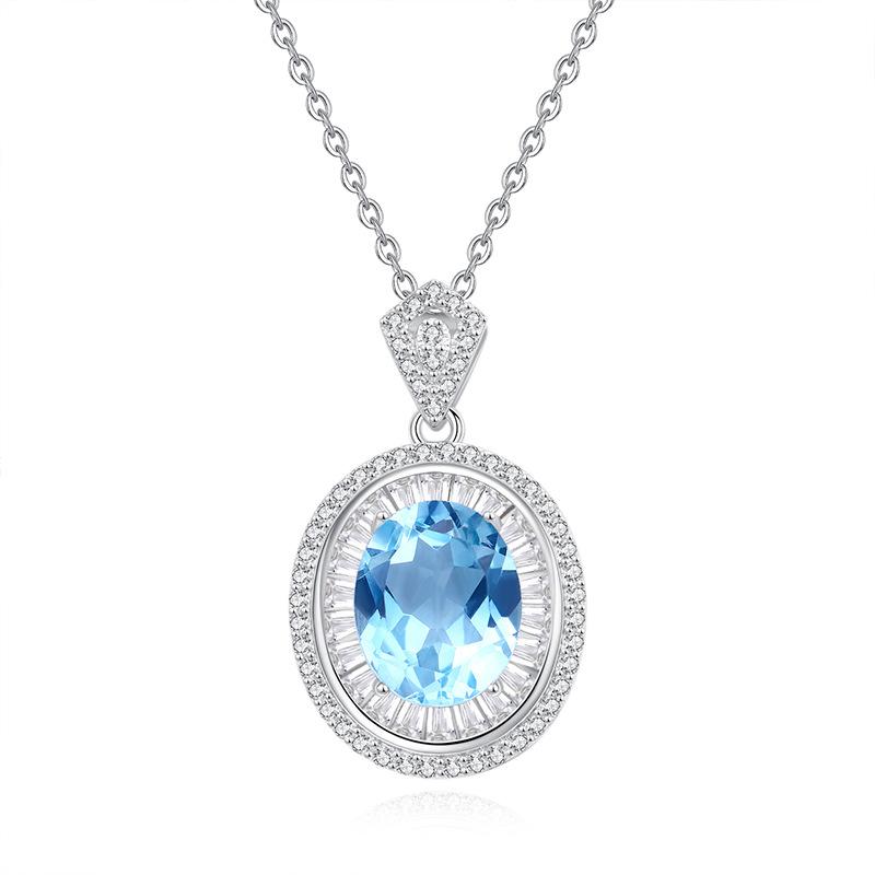 New Sterling Silver Oval Necklace Natural Crystal Stone Pendant Necklace Women's Niche Premium Light Luxury Versatile Clavicle Chain Daily Gifts