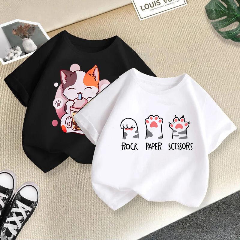 2026 New Summer New Cat Printed Candy Color Funny Round Neck Short Sleeve Baby Girls Summer Clothes Trendy Children's T-shirt