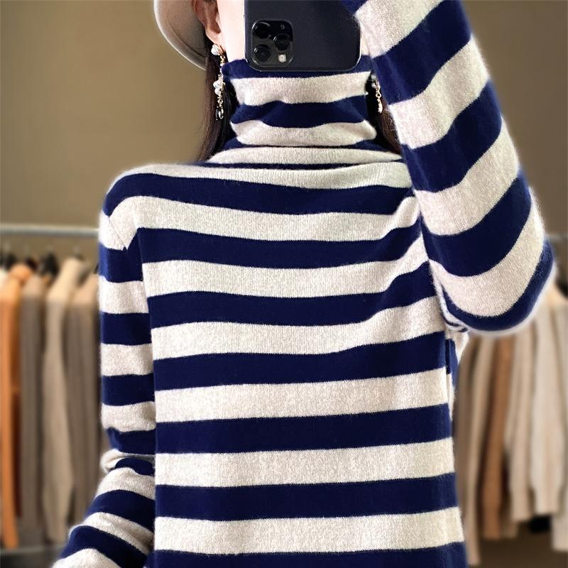 

Autumn and winter new knitted sweater women s striped bottoming shirt stack collar pullover Andy fleece top loose and thin sweater S
