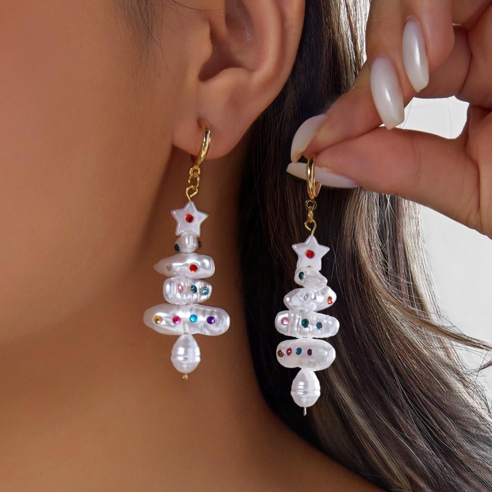 Crystal Christmas Tree Earrings Colorful Rhinestone Imitation Pearl Earrings Christmas