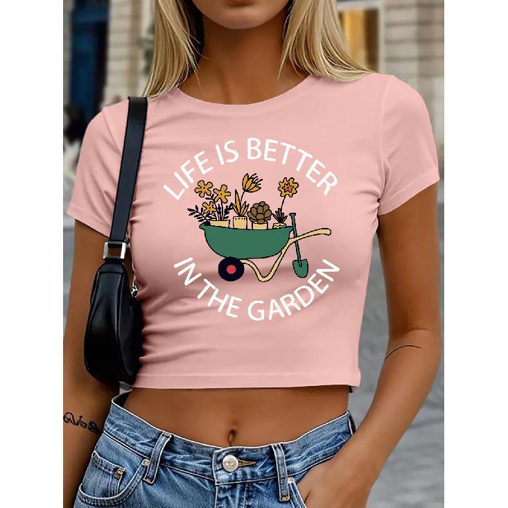 Women s round-neck short top T Shirt | Gardening Cart with Succulent Print | High-waisted, cropped, tight-fitting, slim-fit short-sleeve top | Retro S розовый