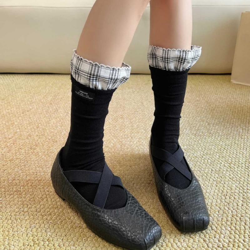 Spring and Summer Women's Cotton Socks with Child-sized Tights, Decorative Edging, Chunky Stripes, Simple Style