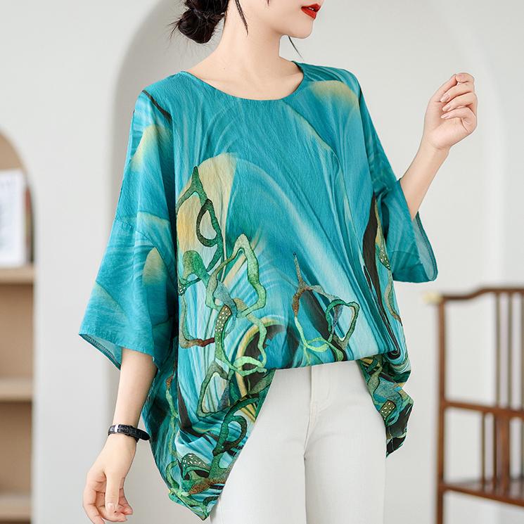 

DIMANAF 2025 Летние Женские Футболки Большого Размера с Принтом Цветочный Элегантный Рукав Летучая Мышь Топы Футболки Свободная Льняная Рубашка One size синий