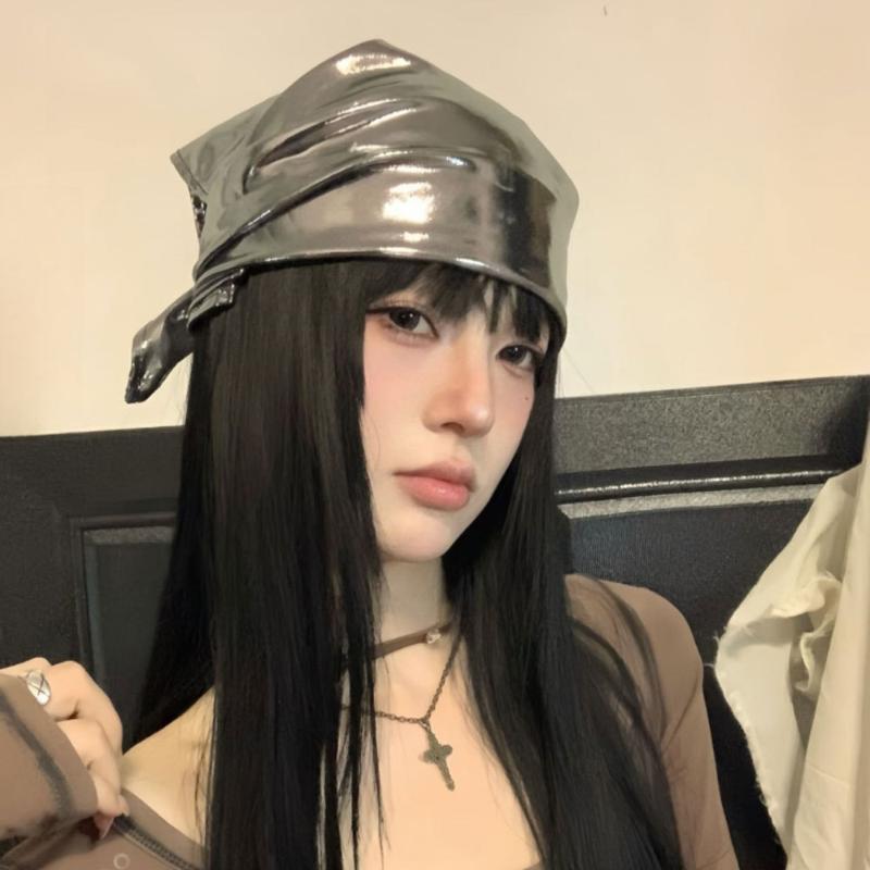 Retro Spicy Pu Leather Headscarf Hat Women Summer Y2K Square Scarf Hip-Hop Kerchief Korean Series Versatile Headband Hair Scarf