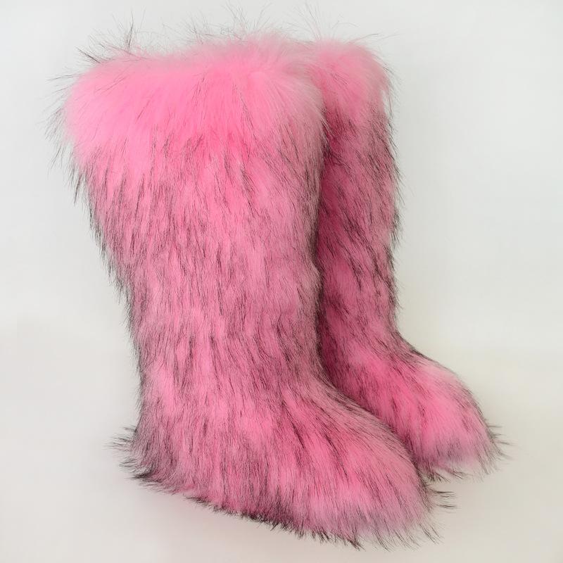 Ladies Winter Faux Fur Raccoon Hairy Boots Snow Boots Shoes
